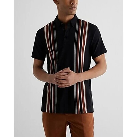 Express Striped Luxe Polo Button Up Shirt Mens M Black Short Sleeve Pique - Picture 7 of 7